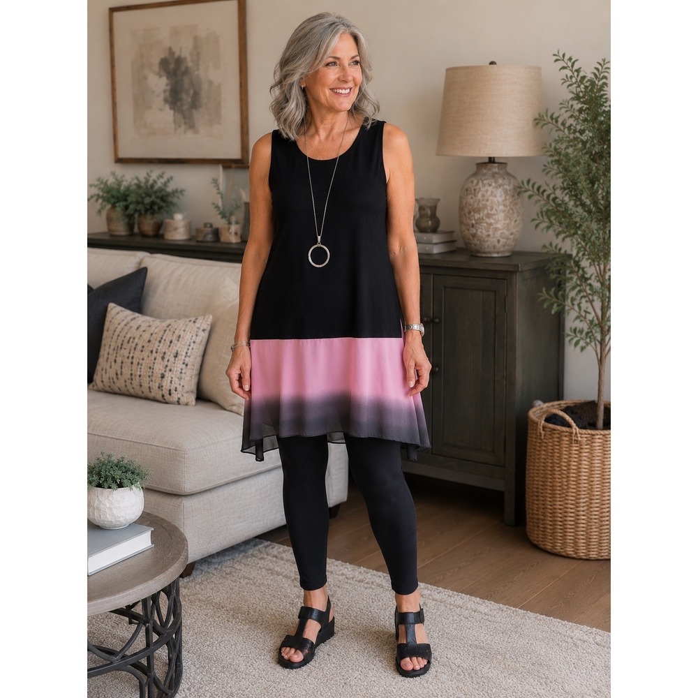 LOGO Lori Goldstein Black Ombre Chiffon Hem Knit Tank Top Sleeveless Medium